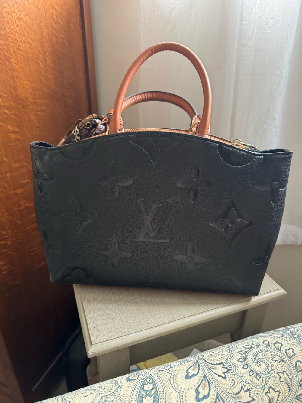 Black Embossed Leather Tote with Tan Trim - Picture 2 of 8